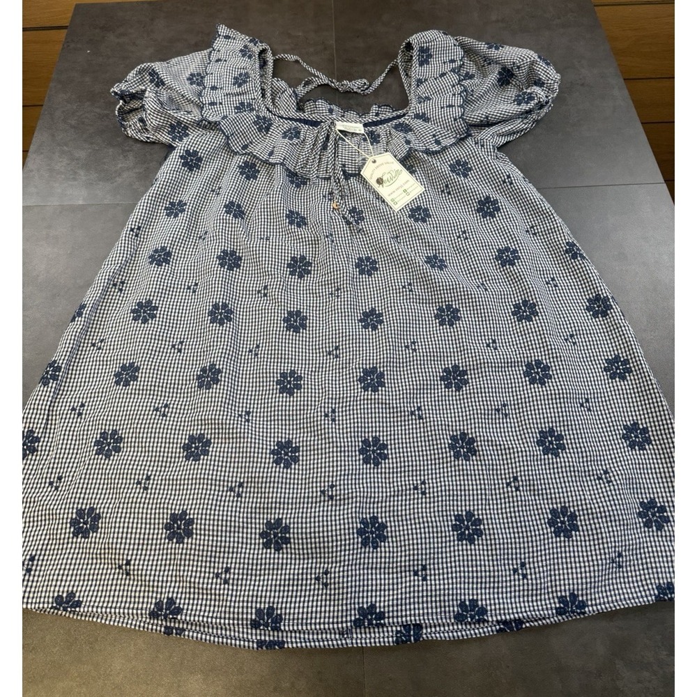 Very J Navy Gingham Embroidered Floral Peasant Boho Ruffle Dress NWT-Small